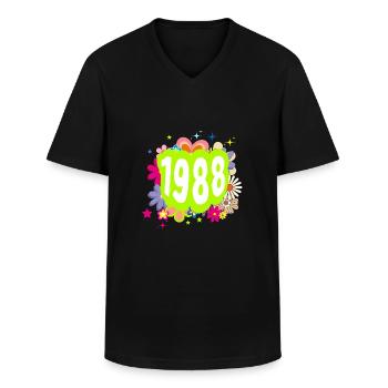 Year 1988 anniversary Groovy floral - Men's V-Neck T-Shirt - black - Front - AI Model Male 178 dark (178cm)