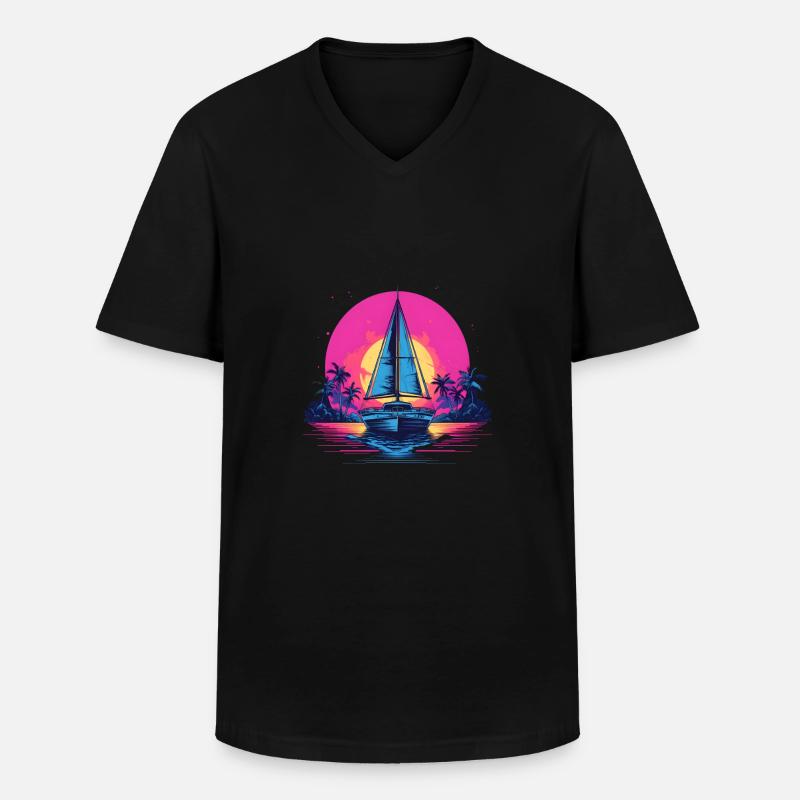 Synthwave Yacht sunset - Männer-T-Shirt mit V-Ausschnitt - Schwarz