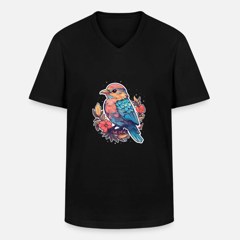 Vogel Blumen - Männer-T-Shirt mit V-Ausschnitt - Schwarz