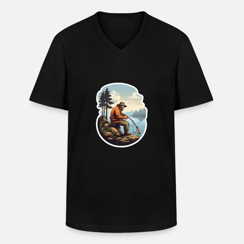 Fischermann Angler - Männer-T-Shirt mit V-Ausschnitt - Schwarz