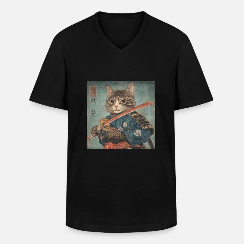 Katze Samurai Japan Ukiyo-E - Männer-T-Shirt mit V-Ausschnitt - Schwarz