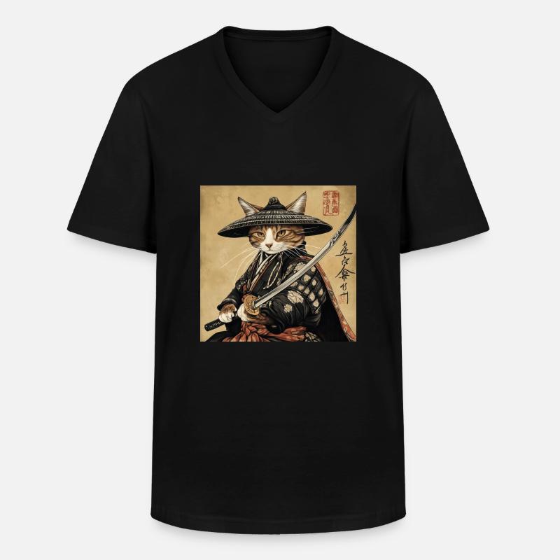 Katze Samurai Japan Ukiyo-E - Männer-T-Shirt mit V-Ausschnitt - Schwarz