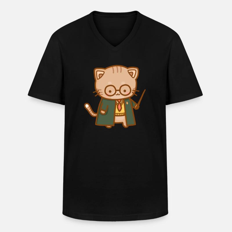 simpatico gatto in uniforme scolastica e bastone - Maglietta da uomo classica con scollo a V - nero