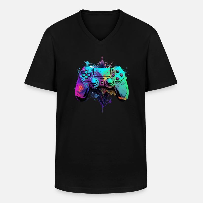 Neon Gaming Controller / Kontroller - Männer-T-Shirt mit V-Ausschnitt - Schwarz