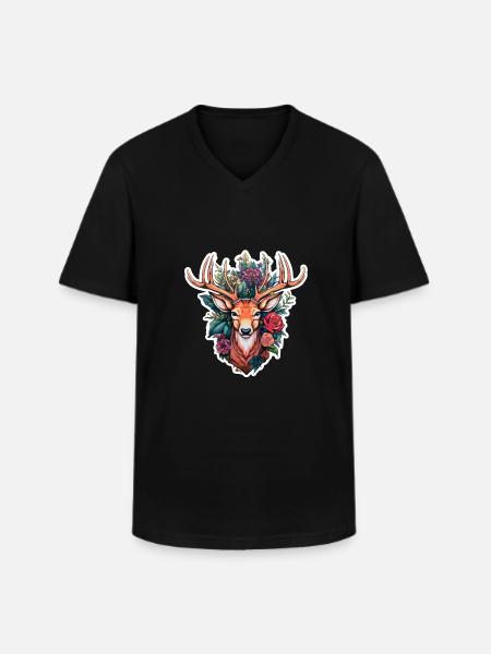 Hirschkopf mit Blumen - Männer-T-Shirt mit V-Ausschnitt - Schwarz