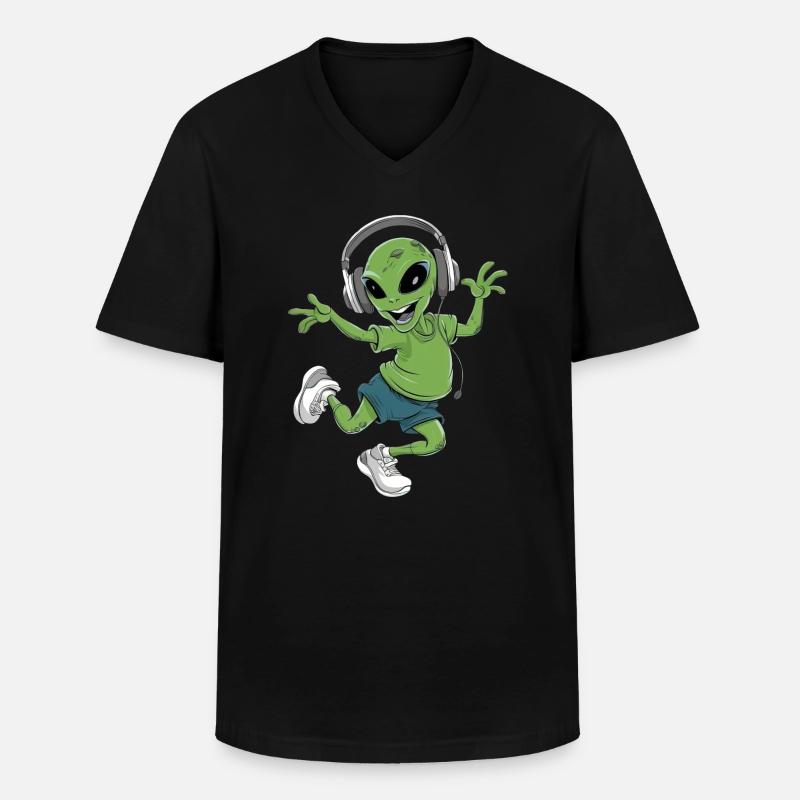 Alien Mit Kopfhörer - Männer-T-Shirt mit V-Ausschnitt - Schwarz