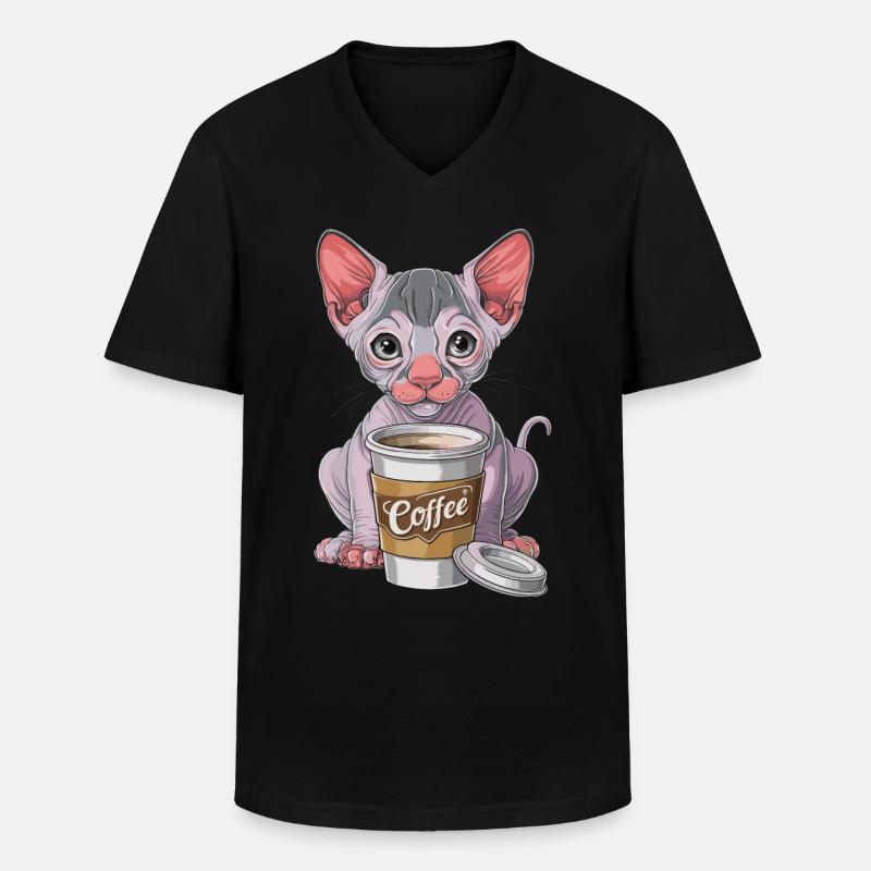 Nacktkatze mit Kaffee - Männer-T-Shirt mit V-Ausschnitt - Schwarz