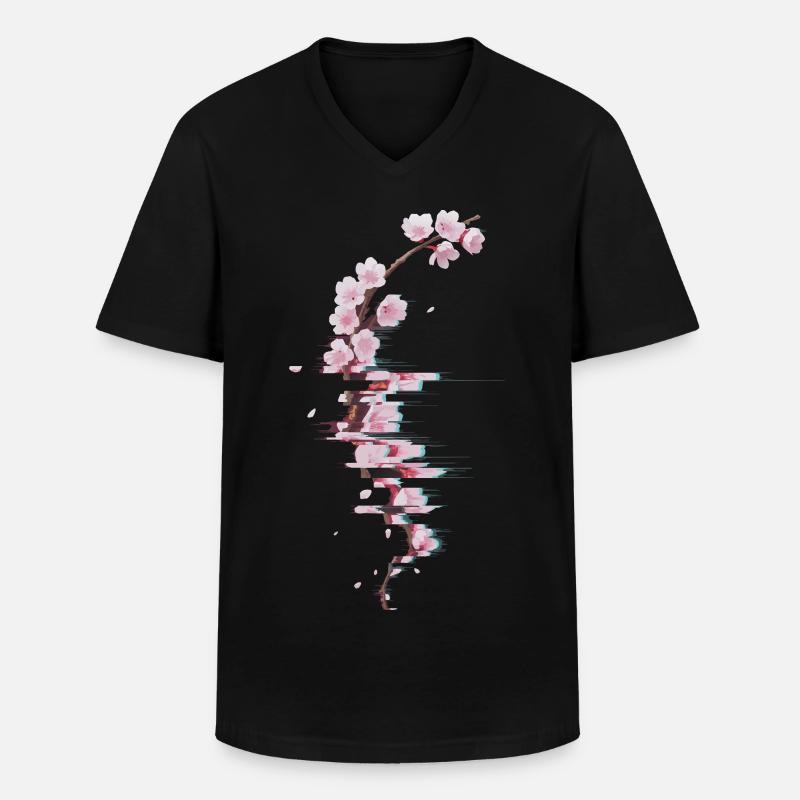 Glitch Kirschblüte moderner Blütenzweig - Männer-T-Shirt mit V-Ausschnitt - Schwarz
