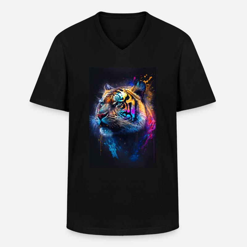 Farbiger Tiger mit Klecksen - Männer-T-Shirt mit V-Ausschnitt - Schwarz