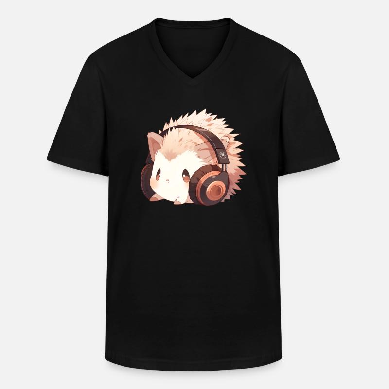 Niedlicher Igel mit Kopfhörern - Männer-T-Shirt mit V-Ausschnitt - Schwarz