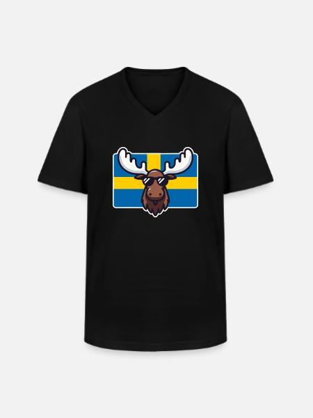 Älg med solglasögon och svensk flagga - T-shirt med V-ringning herr - svart