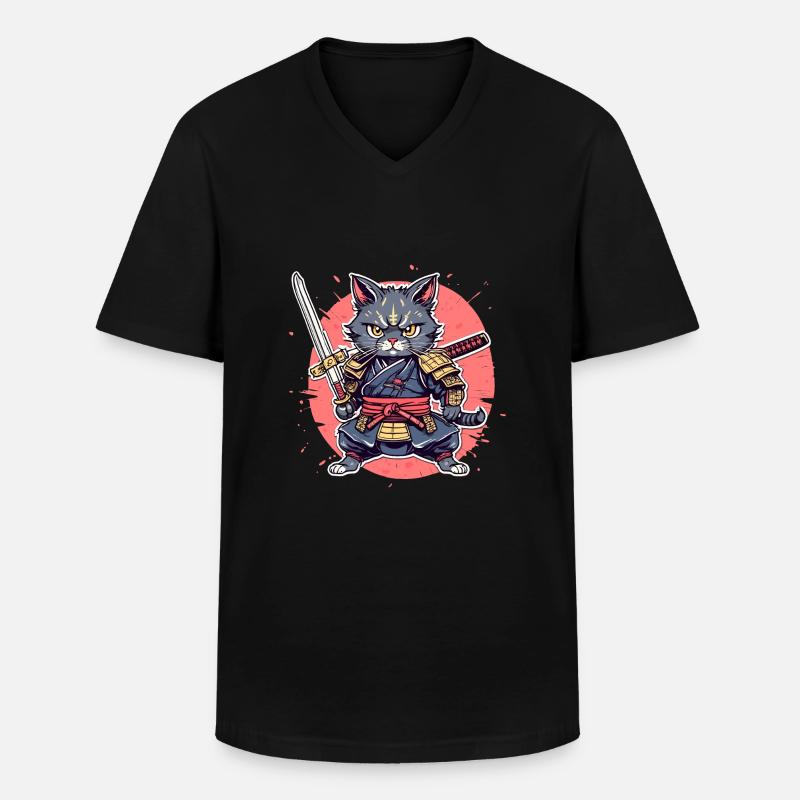 Samurai-Katze #32 - Männer-T-Shirt mit V-Ausschnitt - Schwarz