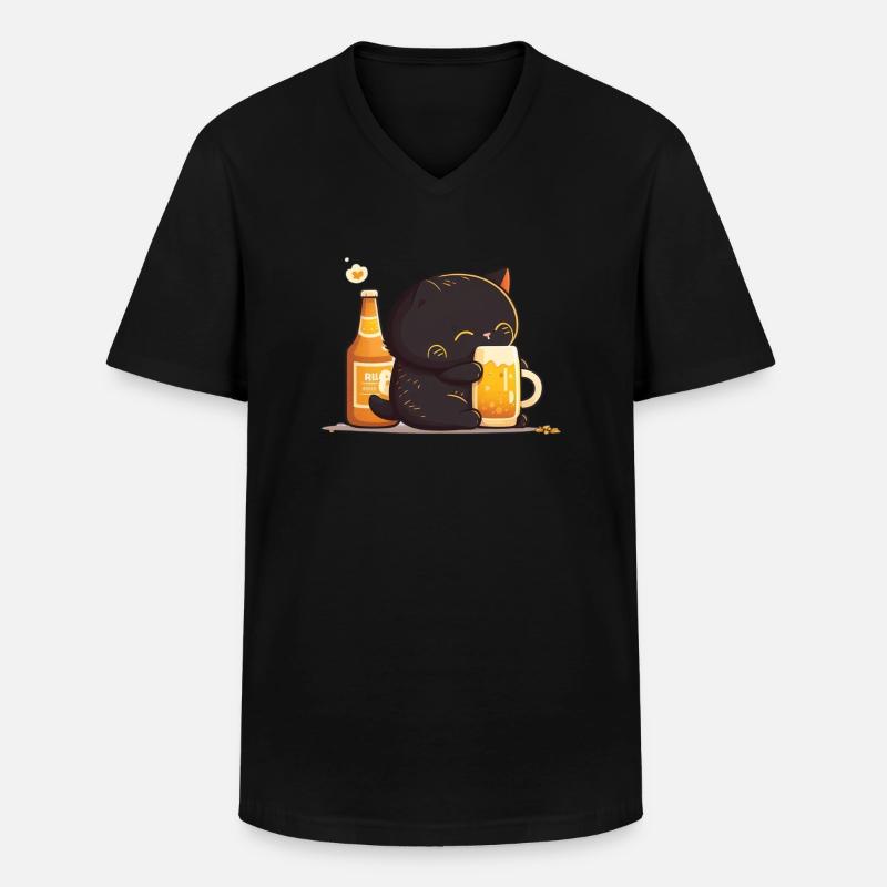 Katze kuschelt mit Bier - Männer-T-Shirt mit V-Ausschnitt - Schwarz