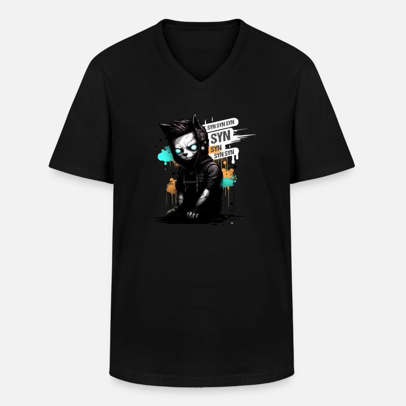 Blackhat Hacker Cat Syn Flood - Männer-T-Shirt mit V-Ausschnitt - Schwarz
