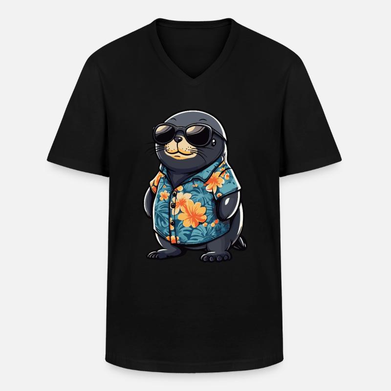 Robbe Tier Lustig Sommer - Männer-T-Shirt mit V-Ausschnitt - Schwarz