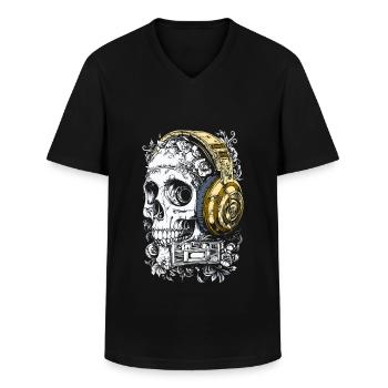 Casque Skull Music Crâne - T-shirt col V Homme - noir - Devant - AI Model Male 178 dark (178cm)