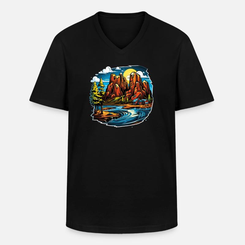Landschaft - Illustration - Männer-T-Shirt mit V-Ausschnitt - Schwarz