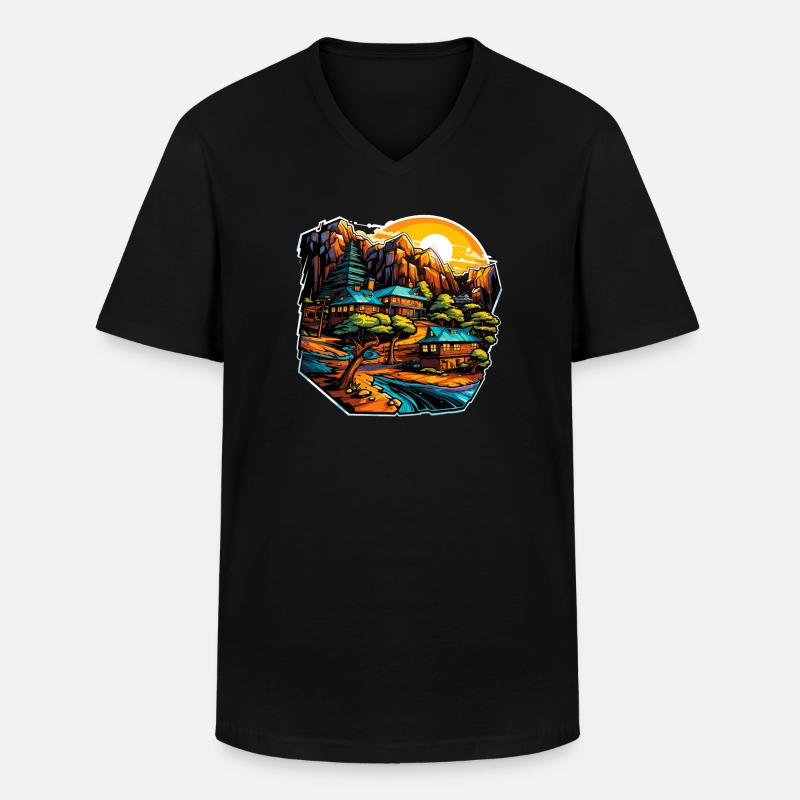 Landschaft - Illustration - Männer-T-Shirt mit V-Ausschnitt - Schwarz
