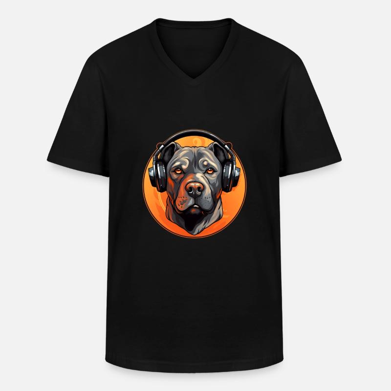 Cooler Pitbull mit Kopfhörern - Männer-T-Shirt mit V-Ausschnitt - Schwarz