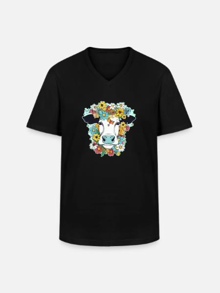 Vache et fleurs - T-shirt col V Homme - noir