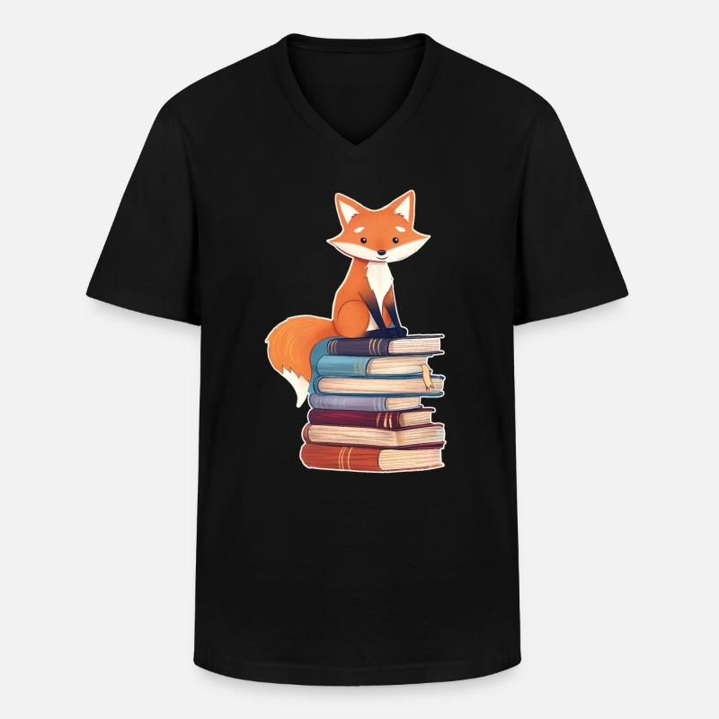 Fuchs auf Bücherstapel - Männer-T-Shirt mit V-Ausschnitt - Schwarz