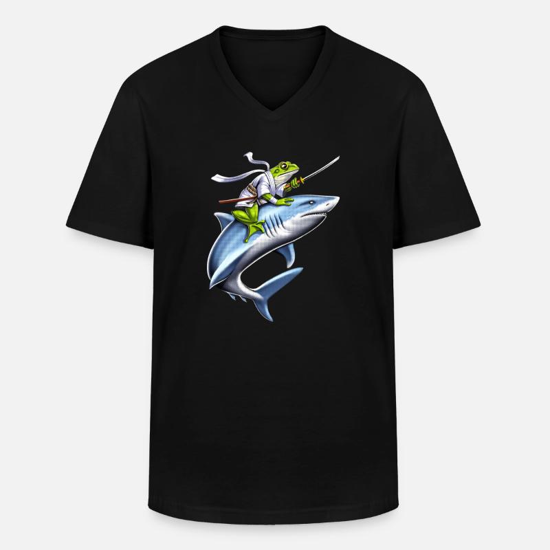 Frosch Samurai Ninja Reitender Hai - Männer-T-Shirt mit V-Ausschnitt - Schwarz