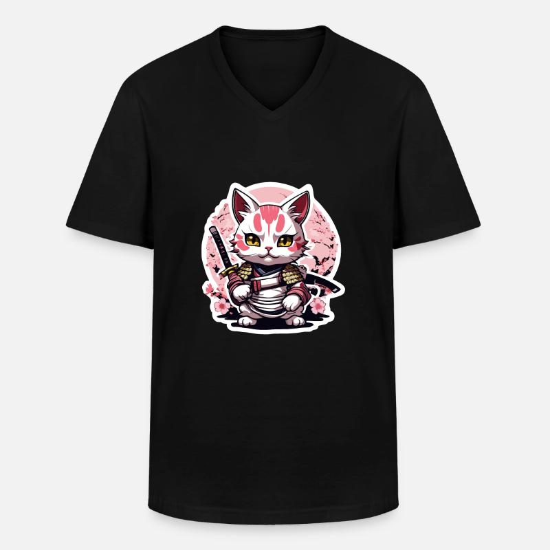 Samurai Cat & Cherry Blossoms #4 - Men's V-Neck T-Shirt - black