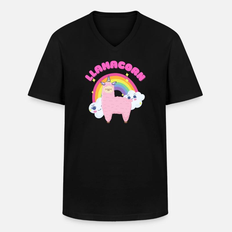 Skurriles rosa Lama mit Regenbogen - Männer-T-Shirt mit V-Ausschnitt - Schwarz