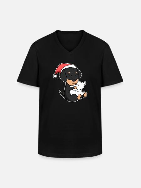 Dachshund dog Christmas sleep tired - Men's V-Neck T-Shirt - black