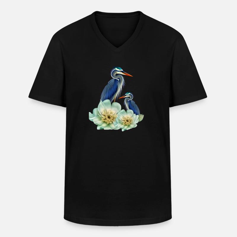 Der elegante Kranich mit Blumen - Männer-T-Shirt mit V-Ausschnitt - Schwarz