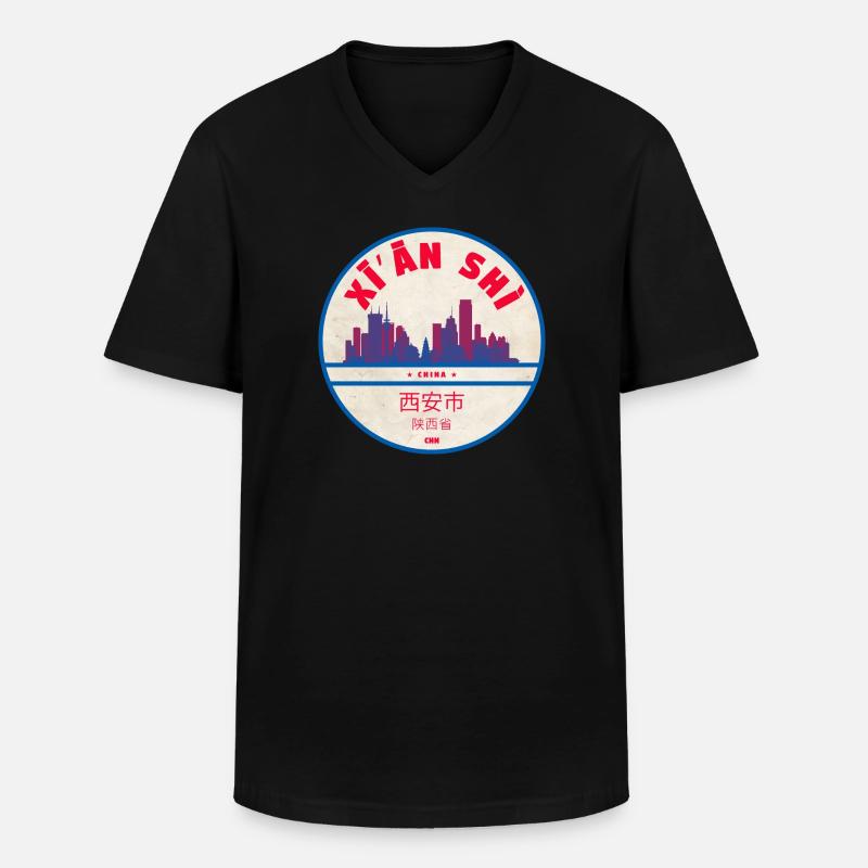 Xi’an Skyline Abzeichen - Männer-T-Shirt mit V-Ausschnitt - Schwarz