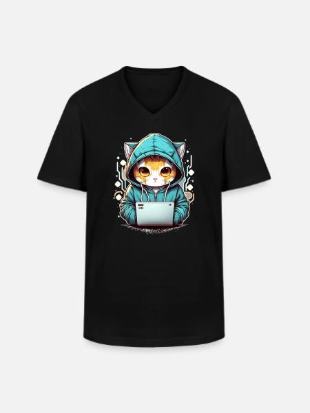 Codage chat - T-shirt col V Homme - noir