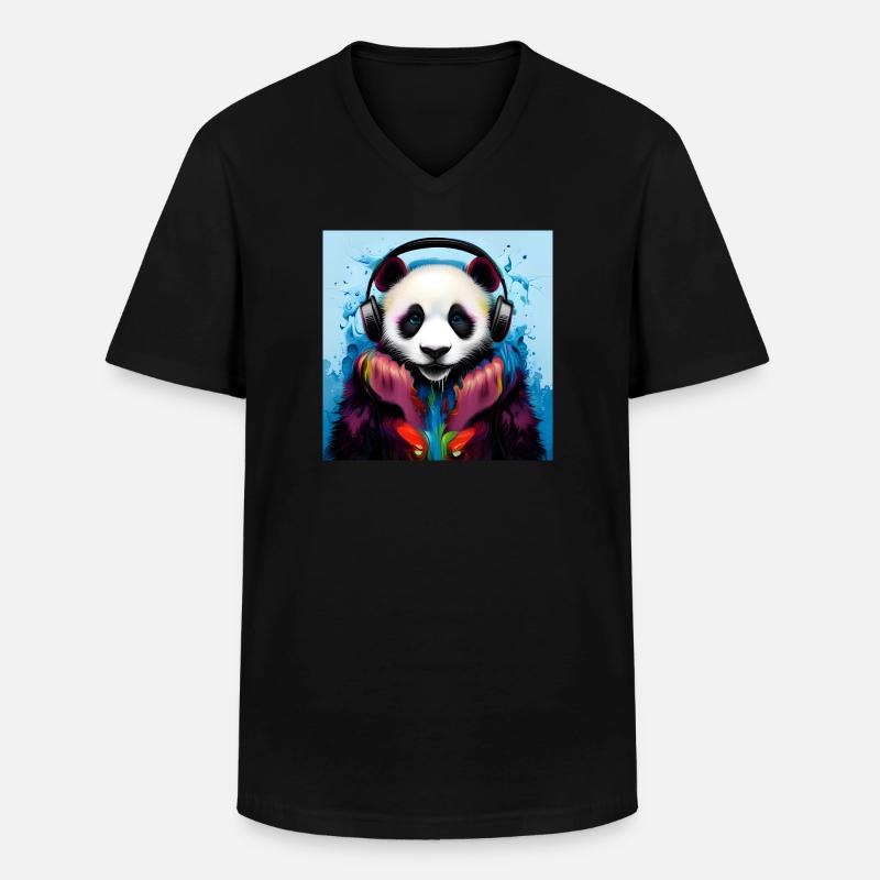 Panda mit Neon Kopfhörern - Männer-T-Shirt mit V-Ausschnitt - Schwarz
