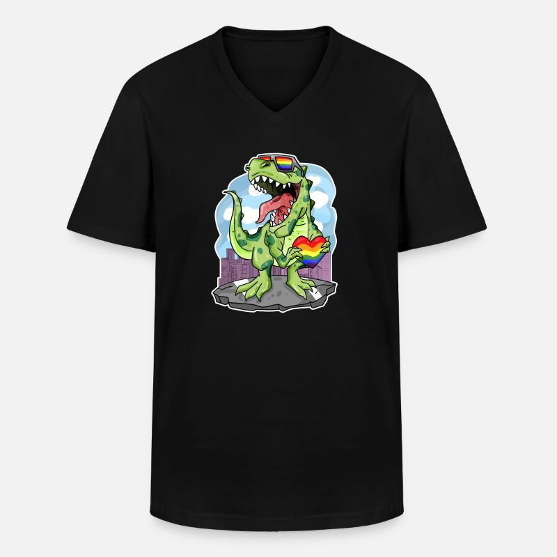 Dino Regenbogen Herz Dinosaurier - Männer-T-Shirt mit V-Ausschnitt - Schwarz