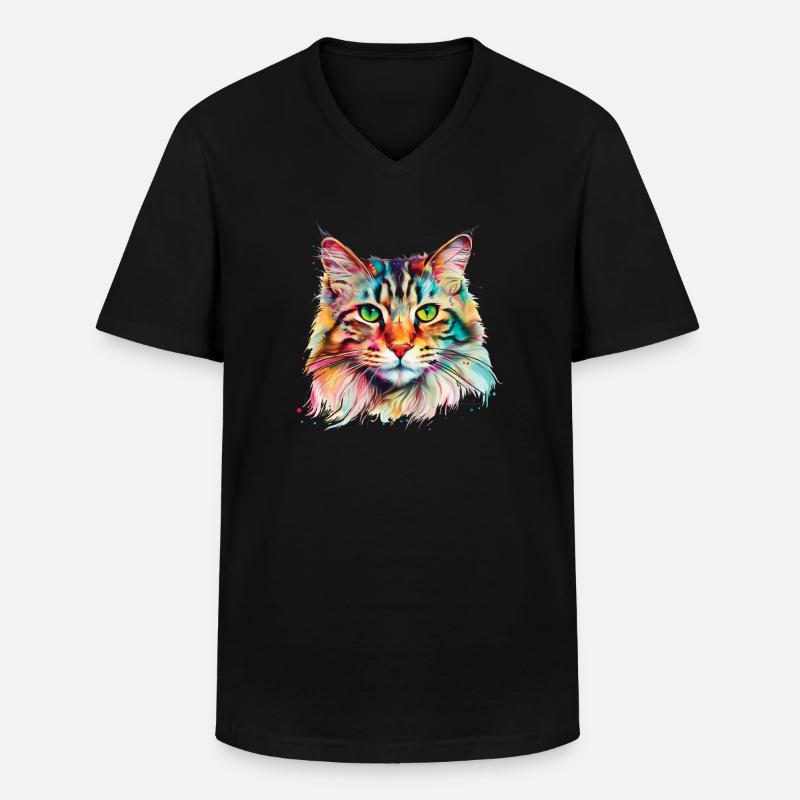 Bunte psychedelische Maine Coon Katze - Männer-T-Shirt mit V-Ausschnitt - Schwarz