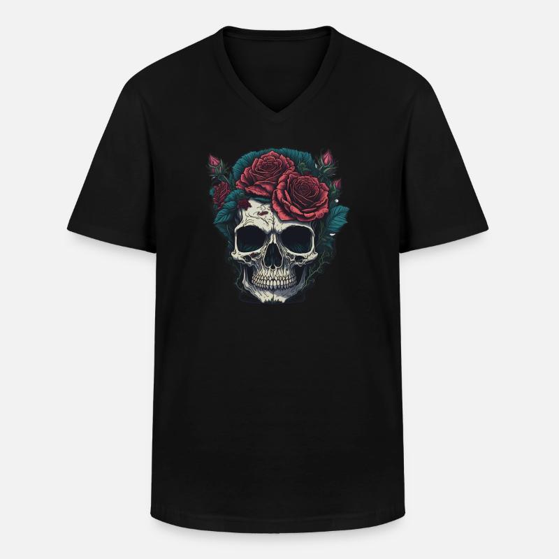 Totenkopf mit Rosen - Männer-T-Shirt mit V-Ausschnitt - Schwarz