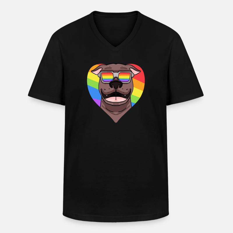 Regenbogen - Hund Pit Bull mit Brille - Männer-T-Shirt mit V-Ausschnitt - Schwarz
