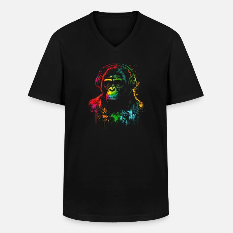 Regenbogen Gorilla Kopfhörer - Männer-T-Shirt mit V-Ausschnitt - Schwarz