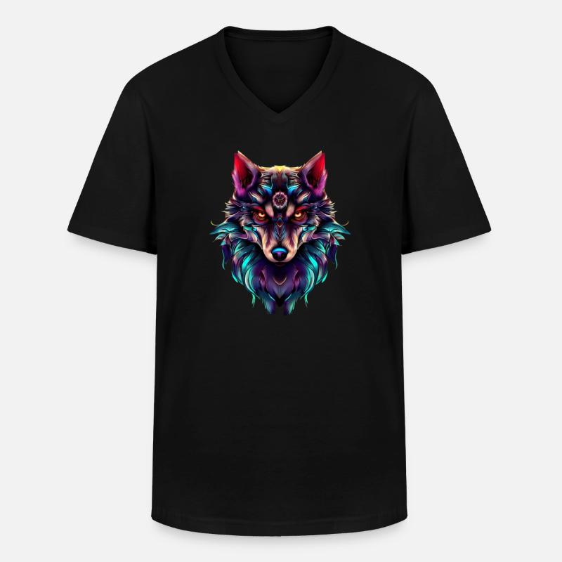 Wolf’s Head Synthwave Wolf - T-shirt col V Homme - noir