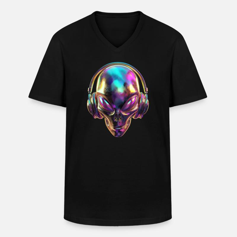 Chromatischer Alien-Kopf mit Kopfhörern - Männer-T-Shirt mit V-Ausschnitt - Schwarz