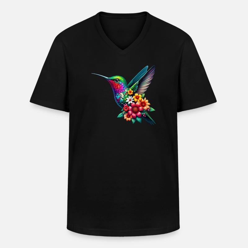 Kolibri mit Blumen geschmückt - Männer-T-Shirt mit V-Ausschnitt - Schwarz