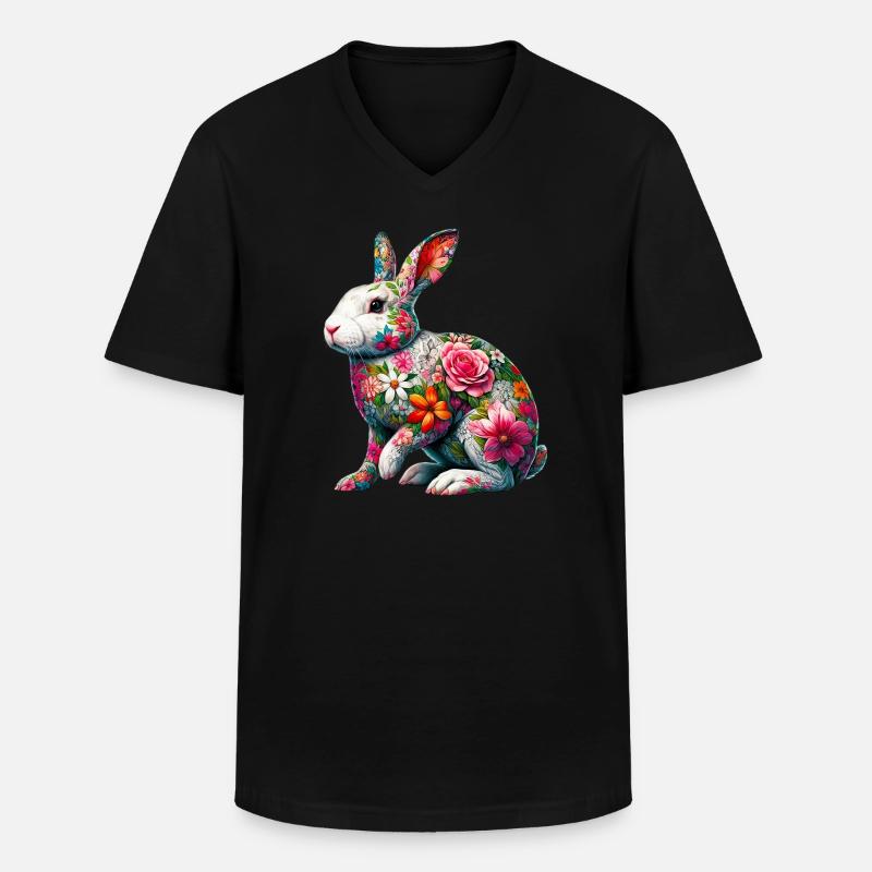 Hase mit Blumen geschmückt - Männer-T-Shirt mit V-Ausschnitt - Schwarz