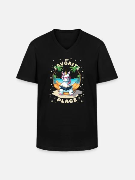 Einhorn mit Buch - Männer-T-Shirt mit V-Ausschnitt - Schwarz