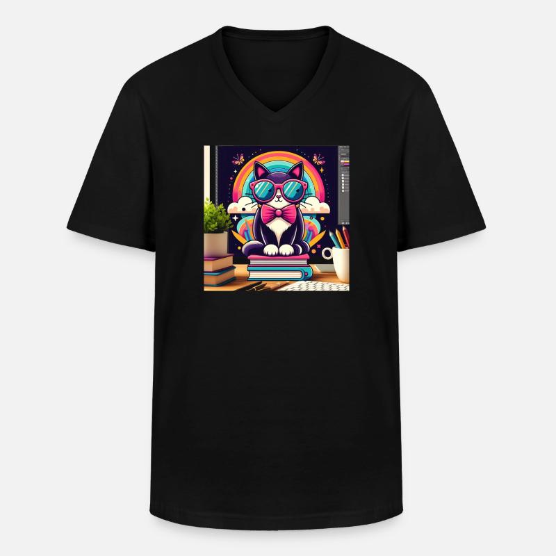 Studious cat with glasses - Men's V-Neck T-Shirt - black