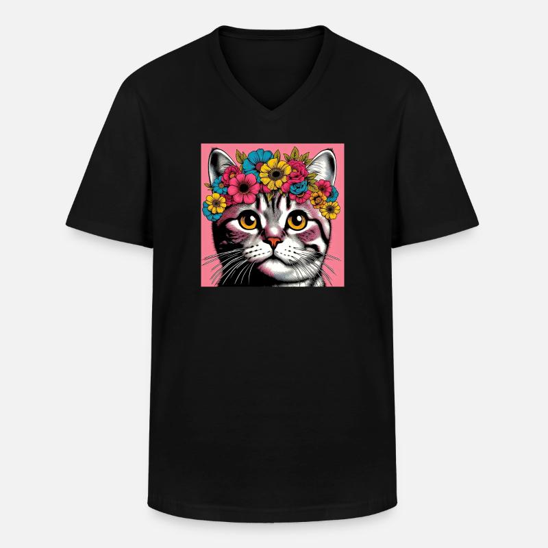 Katze mit Blumen - Männer-T-Shirt mit V-Ausschnitt - Schwarz