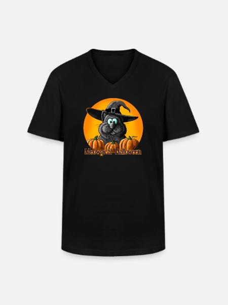 Halloween cat with witch hat - Men's V-Neck T-Shirt - black