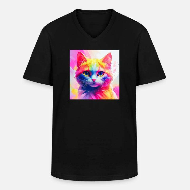 Lebendiges Regenbogenkatzen-Kunstwerk - Männer-T-Shirt mit V-Ausschnitt - Schwarz