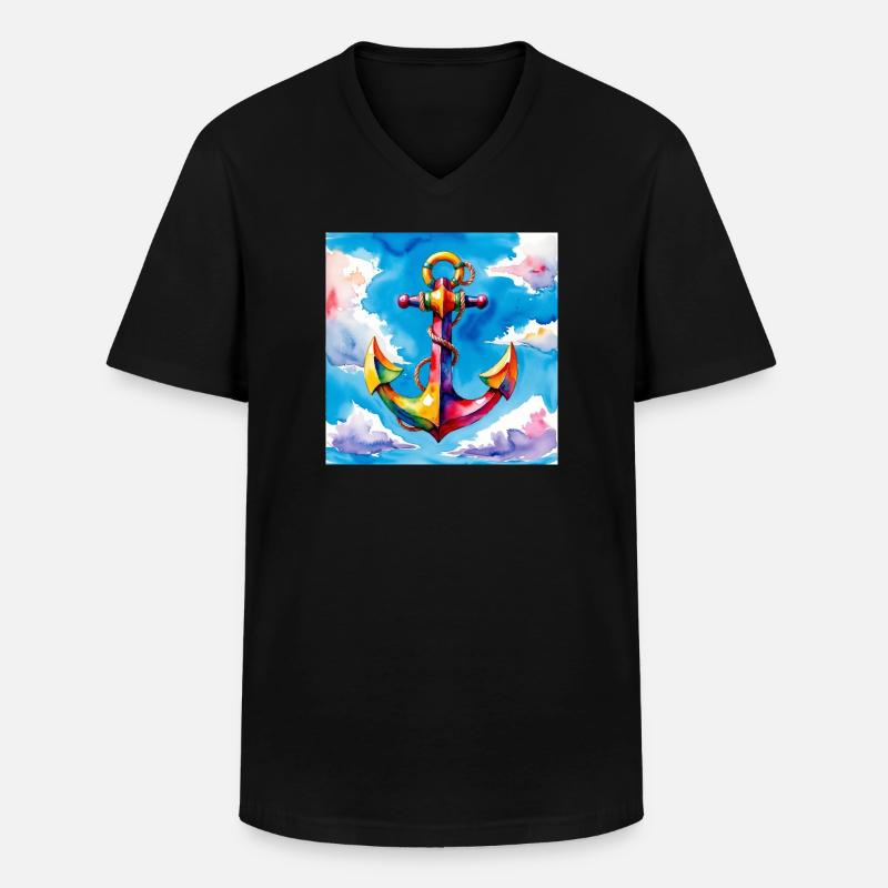 Bunt aquarellierter Anker im Himmel - Männer-T-Shirt mit V-Ausschnitt - Schwarz