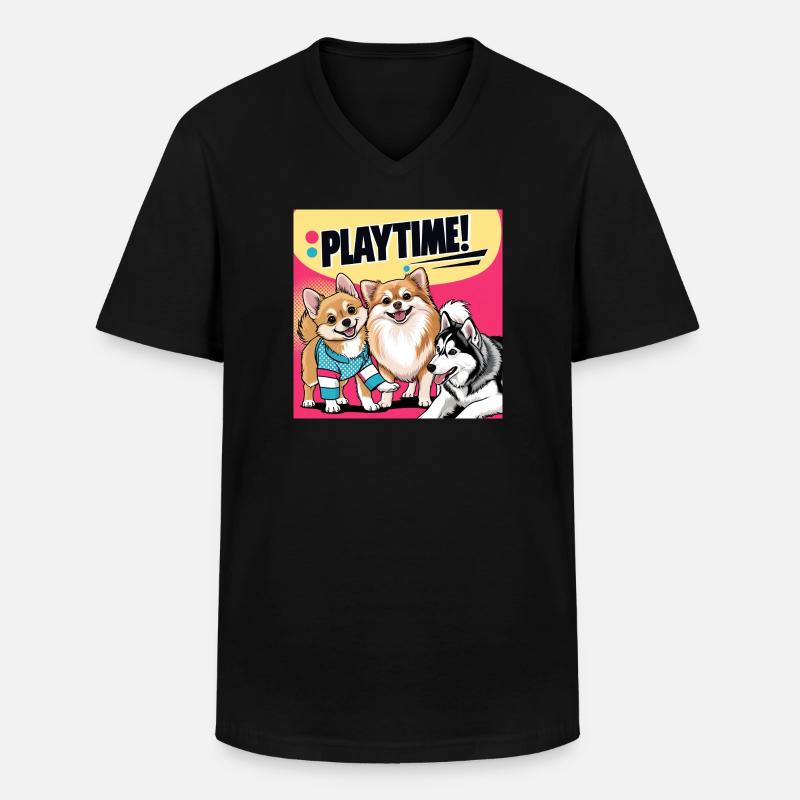 Comic Dogs - Playtime - Männer-T-Shirt mit V-Ausschnitt - Schwarz