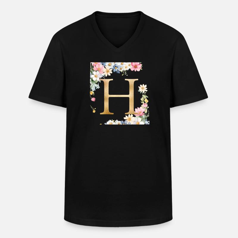 H Monogramm, Floral, personalisierbar - Männer-T-Shirt mit V-Ausschnitt - Schwarz